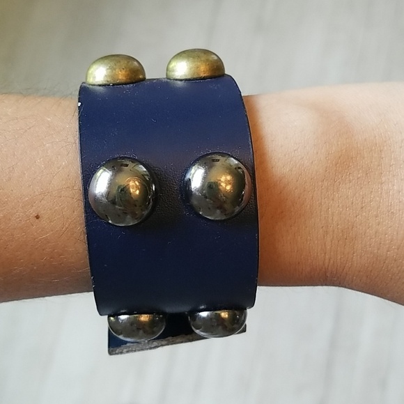 Leather Navy Studded Cuff Bracelet - Picture 1 of 4
